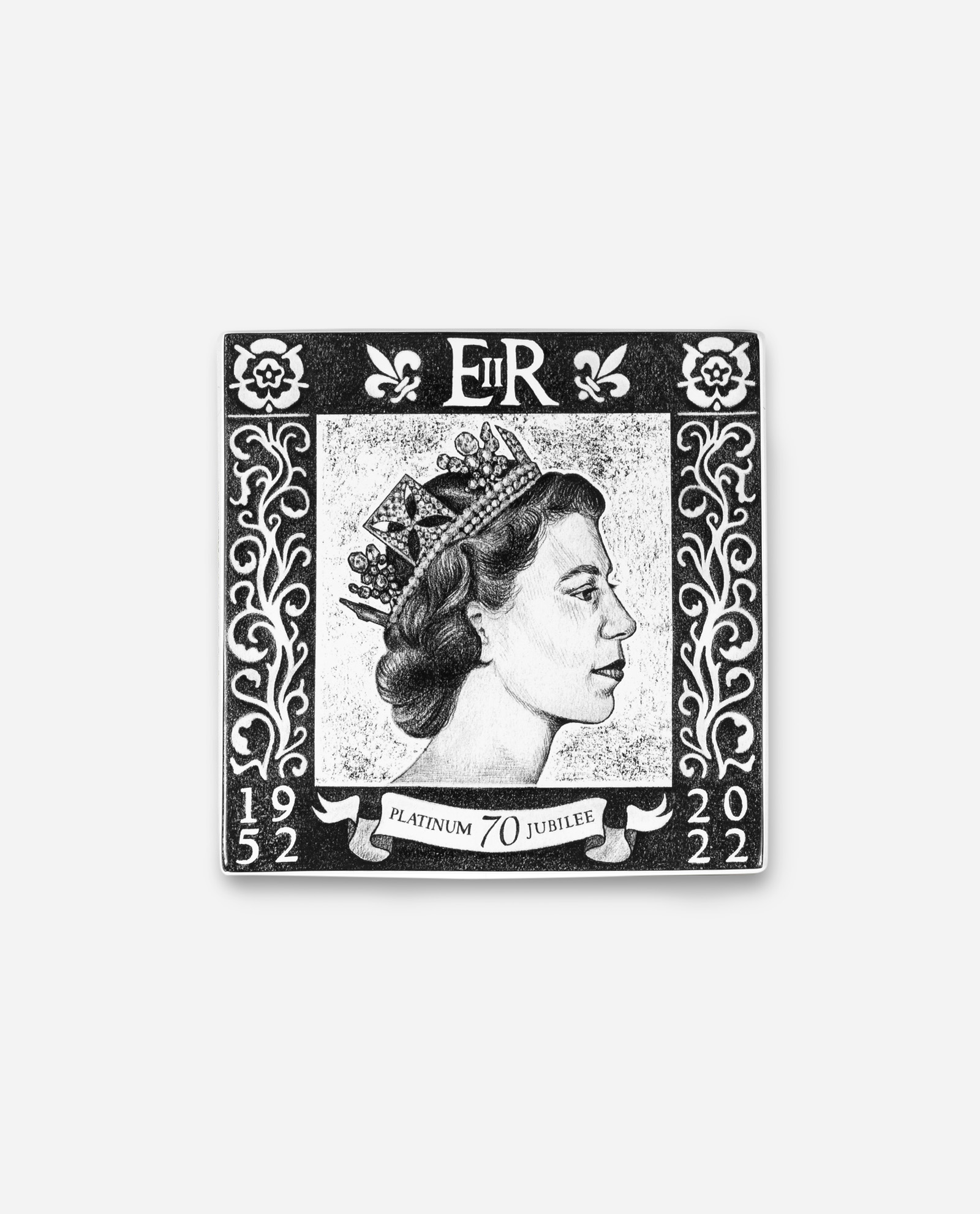 Platinum Jubilee tile flat view showing Queen Elizabeth II side profile with crown in black and white ceramic by The Sculpts