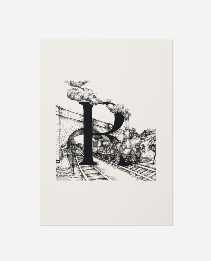 Manchester Letter R for Rocket print featuring black letter R over Victorian railway scene with Stephenson's steam engine and period figures