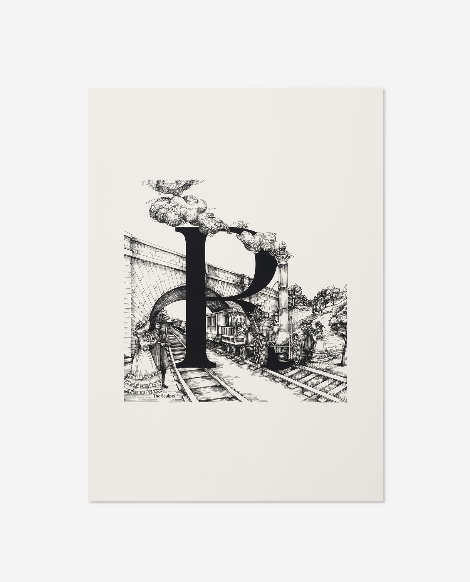 Manchester Letter R for Rocket print featuring black letter R over Victorian railway scene with Stephenson's steam engine and period figures