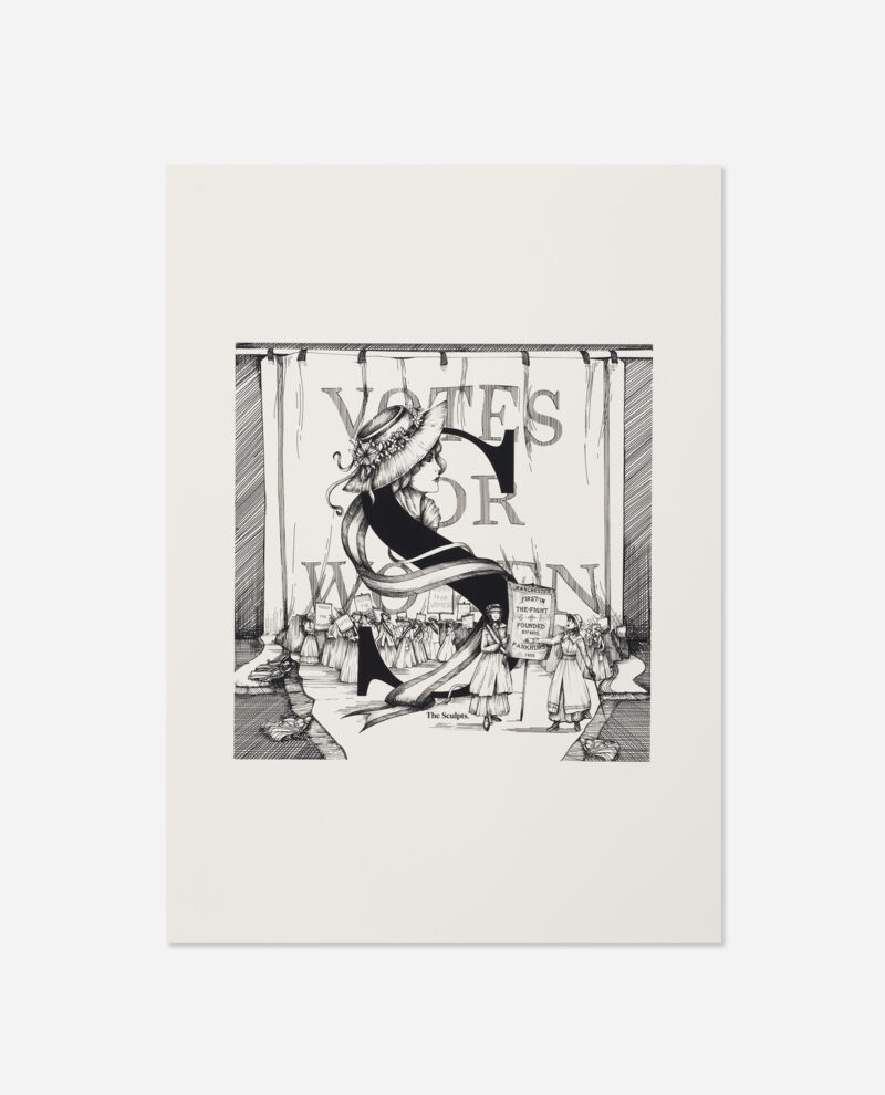 Manchester Letter S for Suffragettes print showing black and white illustration of woman with banner and protestors below