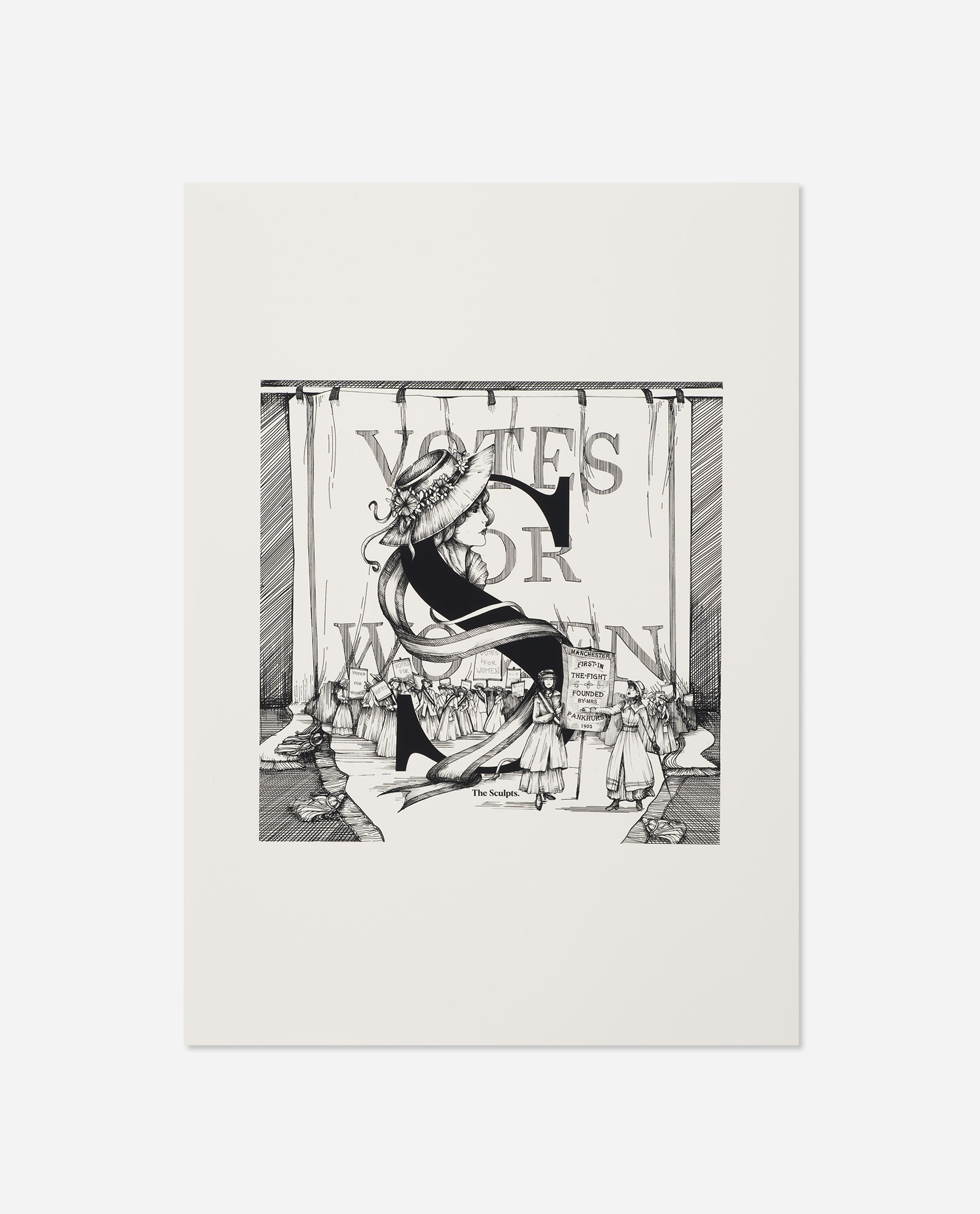 Manchester Letter S for Suffragettes print showing black and white illustration of woman with banner and protestors below