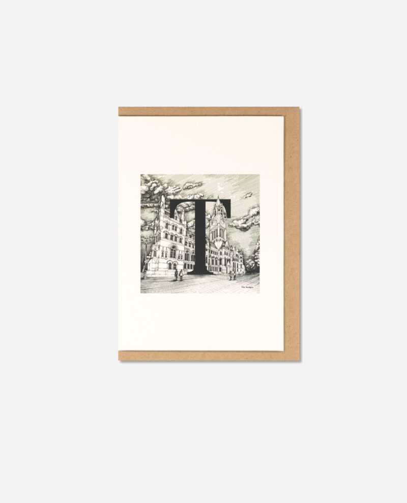 Manchester Town Hall T greeting card photographed flat on white background with kraft brown envelope behind