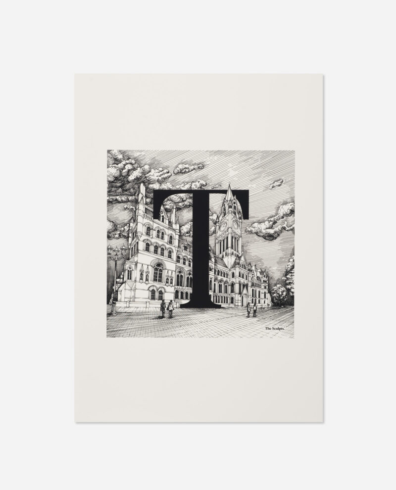 Manchester Letter T for Town Hall print with detailed pen-and-ink illustration of Victorian gothic building on cream paper