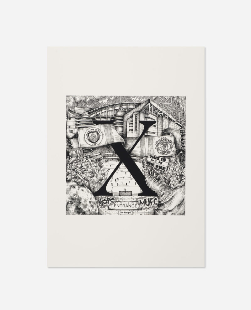 Manchester Letter X for Entrance X print showing Etihad Stadium, Old Trafford, MCFC and MUFC scarves and crests in black and white pen and ink illustration