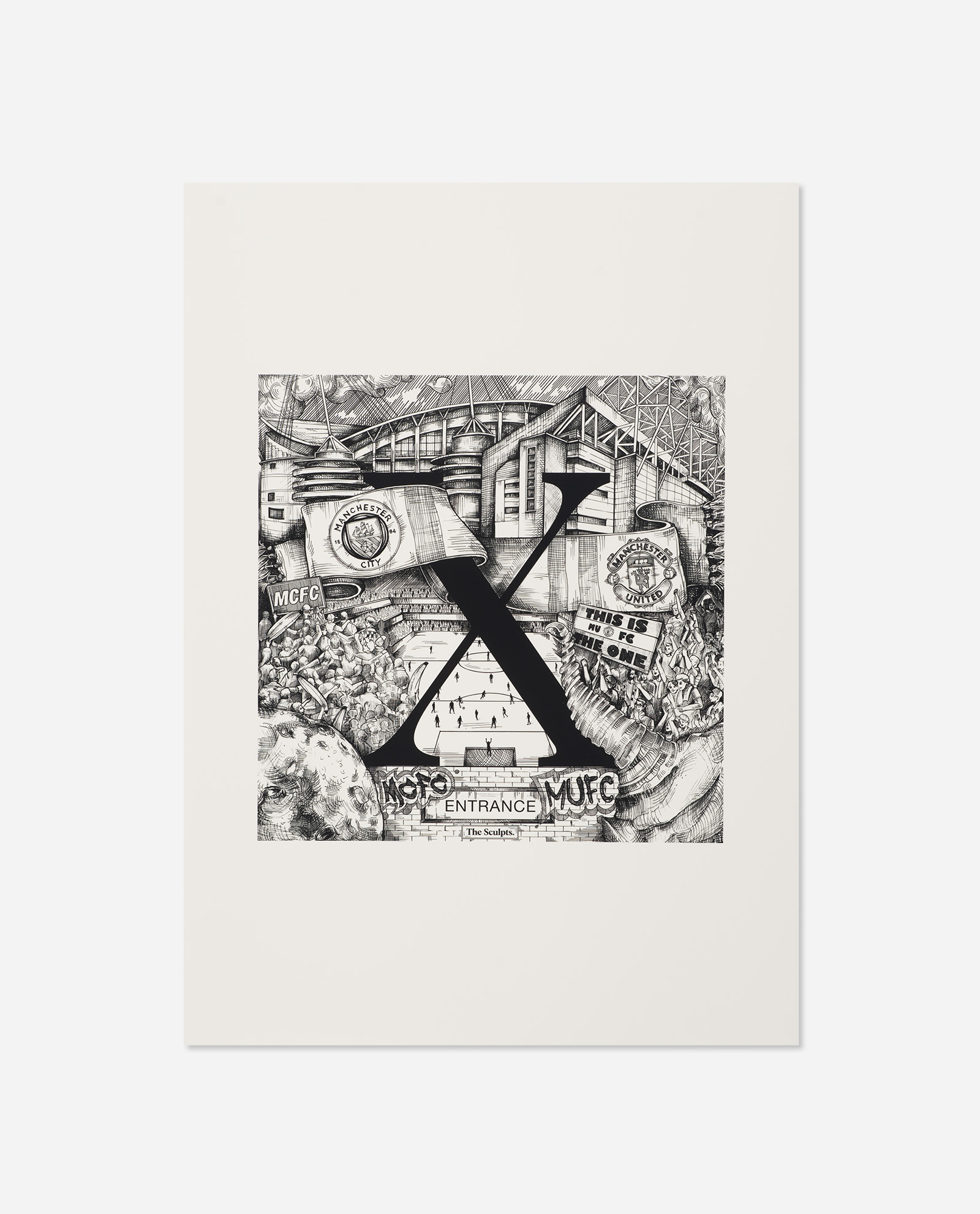 Manchester Letter X for Entrance X print showing Etihad Stadium, Old Trafford, MCFC and MUFC scarves and crests in black and white pen and ink illustration