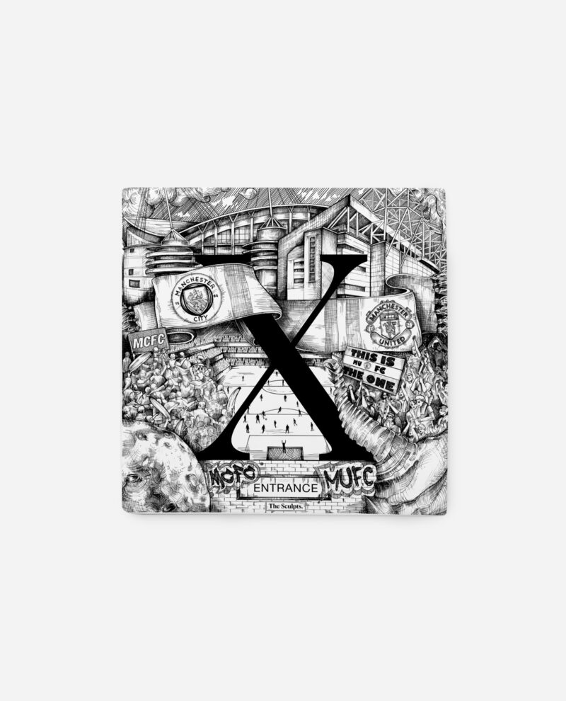Manchester X tile ceramic artwork with black X over detailed football stadium entrance featuring City and United imagery