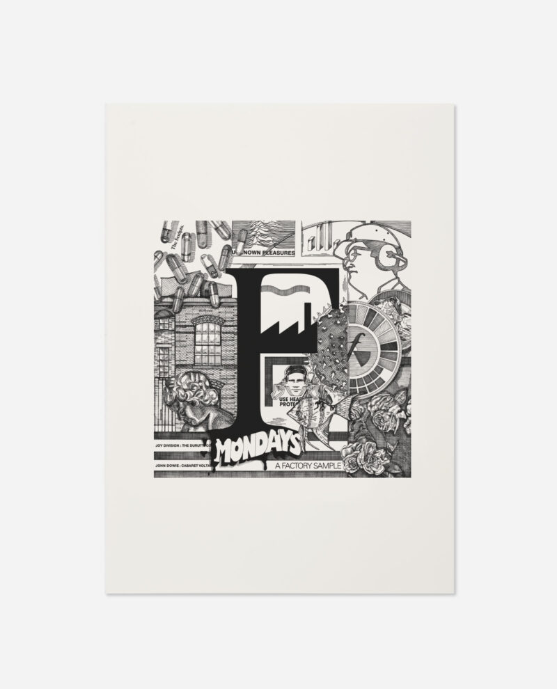 Manchester Letter F for Factory Records print by The Sculpts showing black and white graphic design with industrial imagery and Mondays text