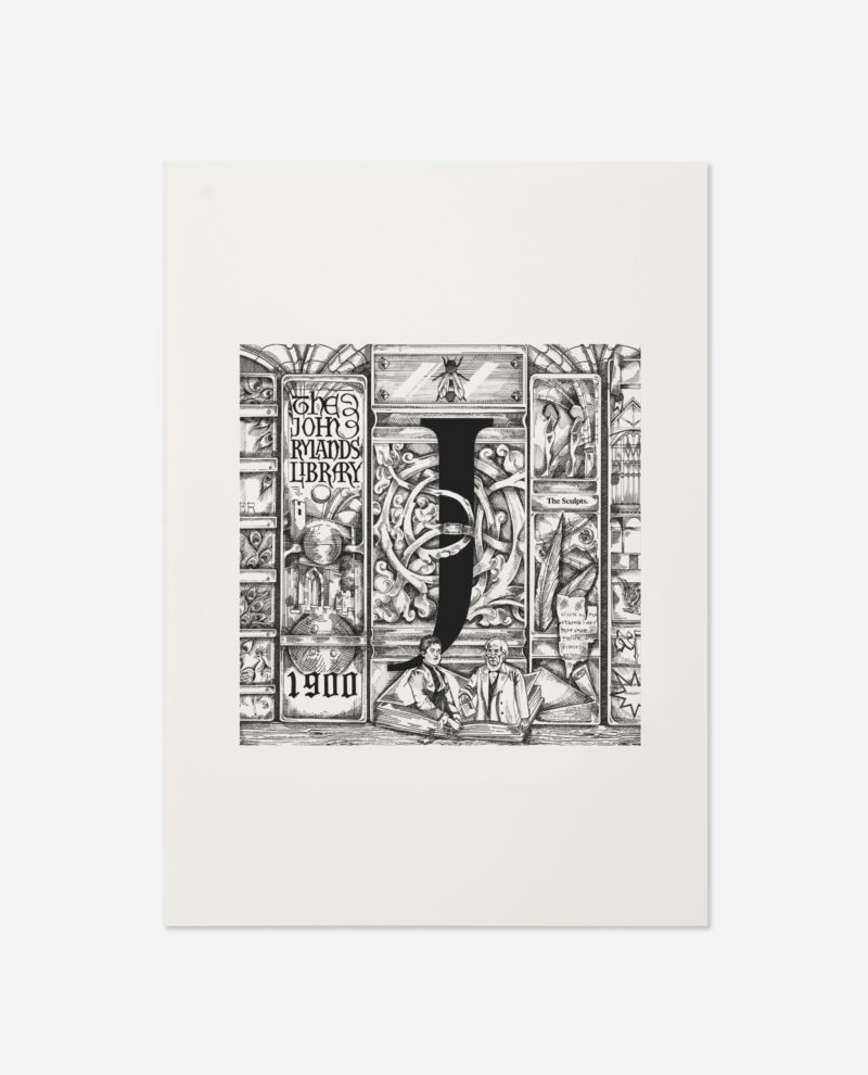 Manchester Letter J for John Rylands Library print flat lay showing detailed black and white illustrated design with ornate panels