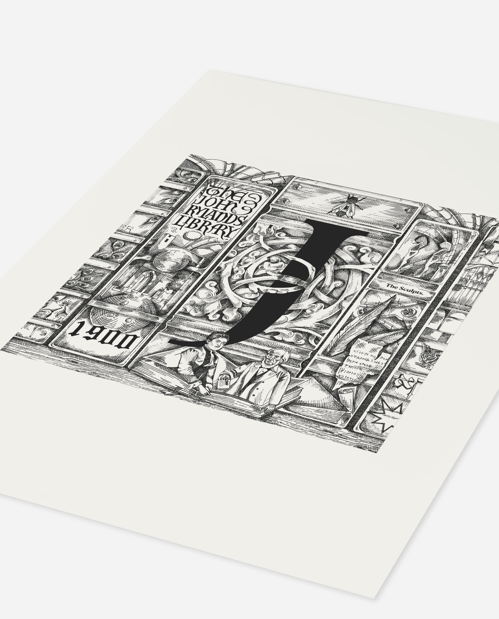 Angled view of Manchester Letter J John Rylands Library art print by The Sculpts showing paper texture and dimension