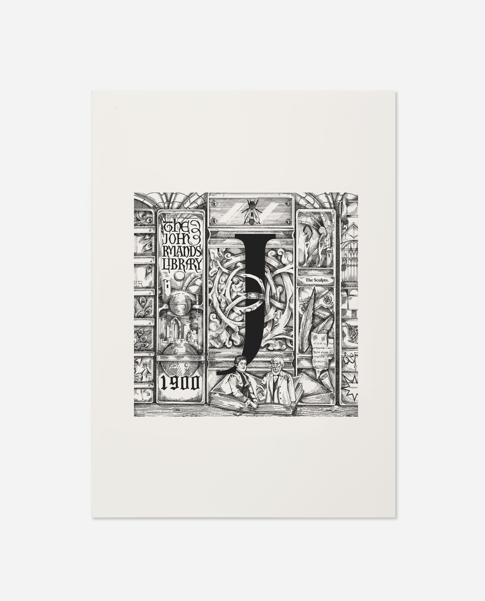 Manchester Letter J for John Rylands Library print flat lay showing detailed black and white illustrated design with ornate panels