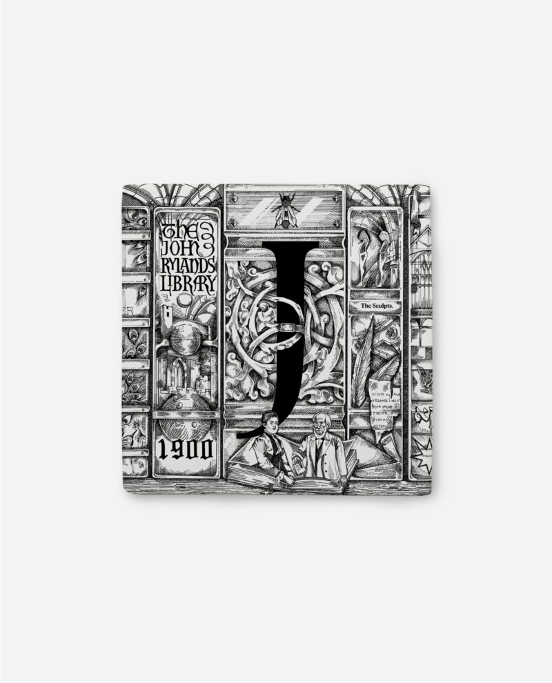Detailed ceramic J tile design showing John Rylands Library with ornate borders, architectural panels and historical figures