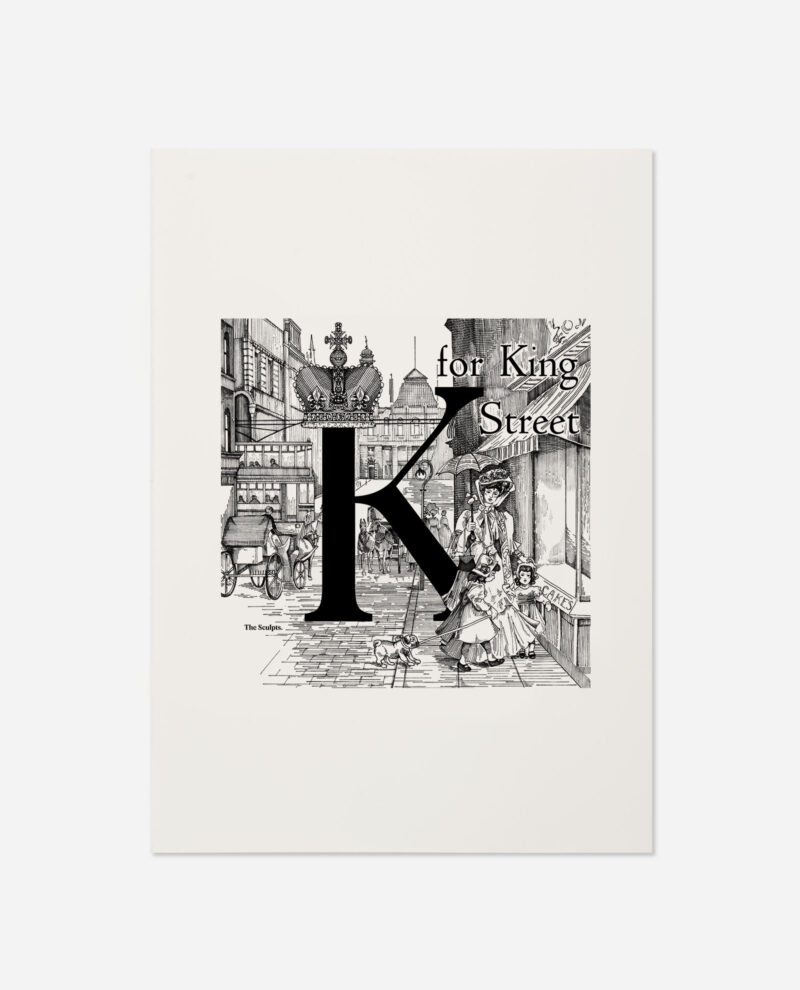 Manchester Letter K for King Street Print featuring ornate crown, Victorian street scene with horse and cart, The Sculpts