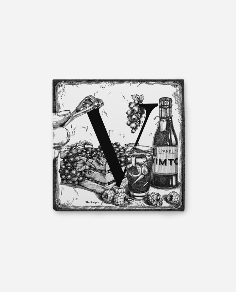 Manchester Vimto tile by The Sculpts featuring black letter V overlaid on detailed illustrations of grapes, berries and Vimto bottle