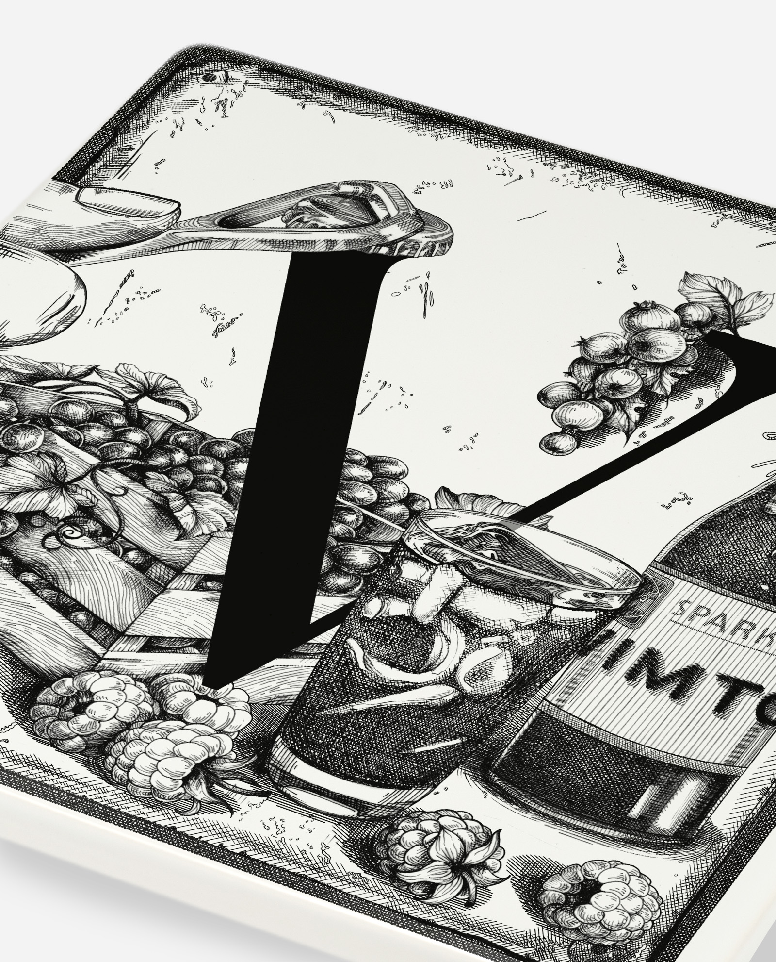 Side oblique view of The Sculpts Manchester V Vimto tile showing ceramic depth with detailed grape and berry illustrations