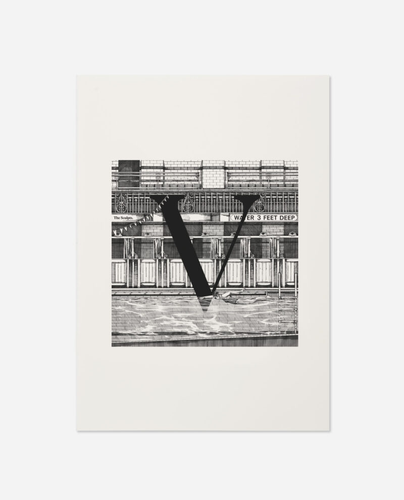 Manchester Letter V for Victoria Baths print by The Sculpts with black typography over architectural illustration on white background
