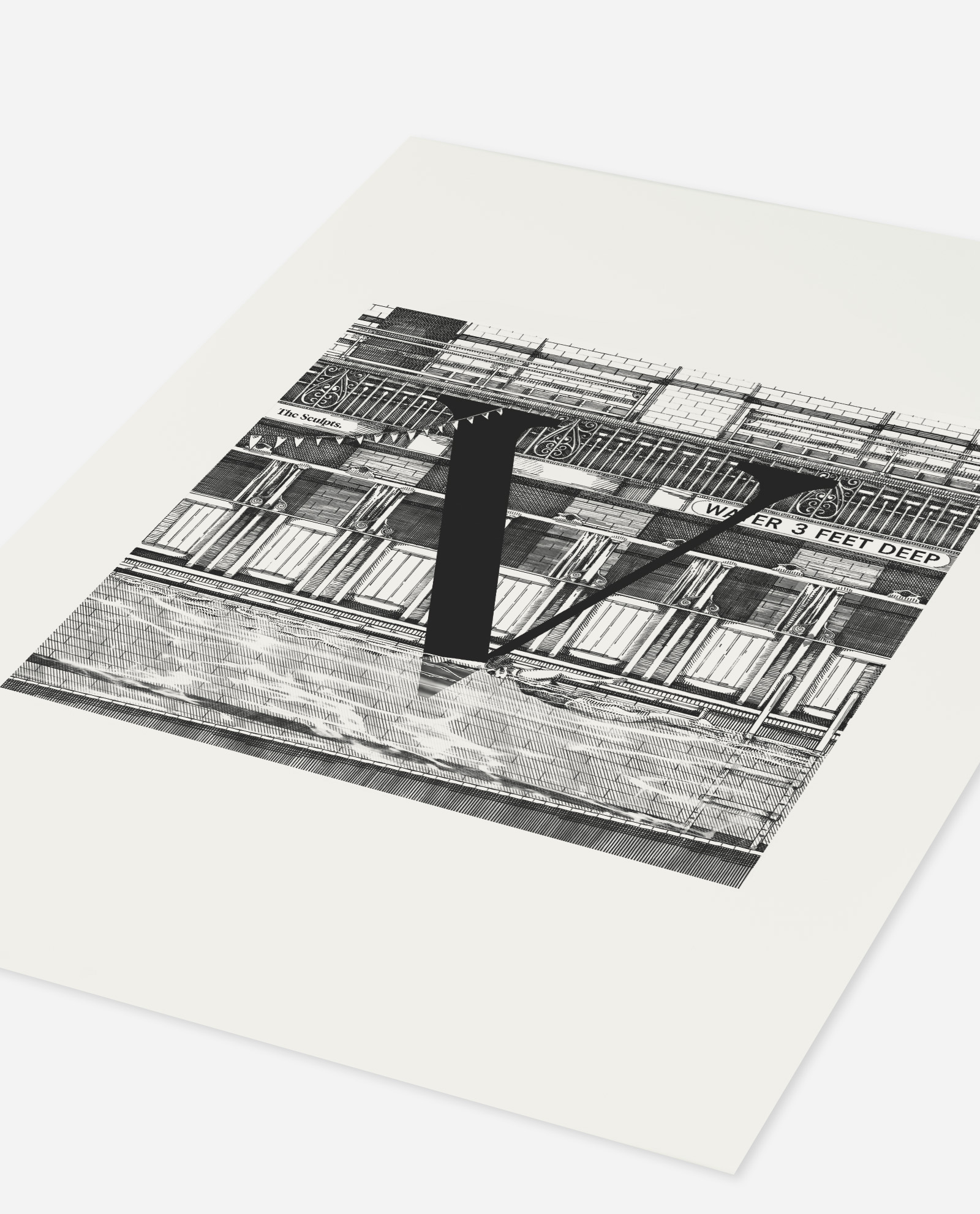 Angled view of Manchester Letter V for Victoria Baths art print on cream paper showing dimensional detail and print quality