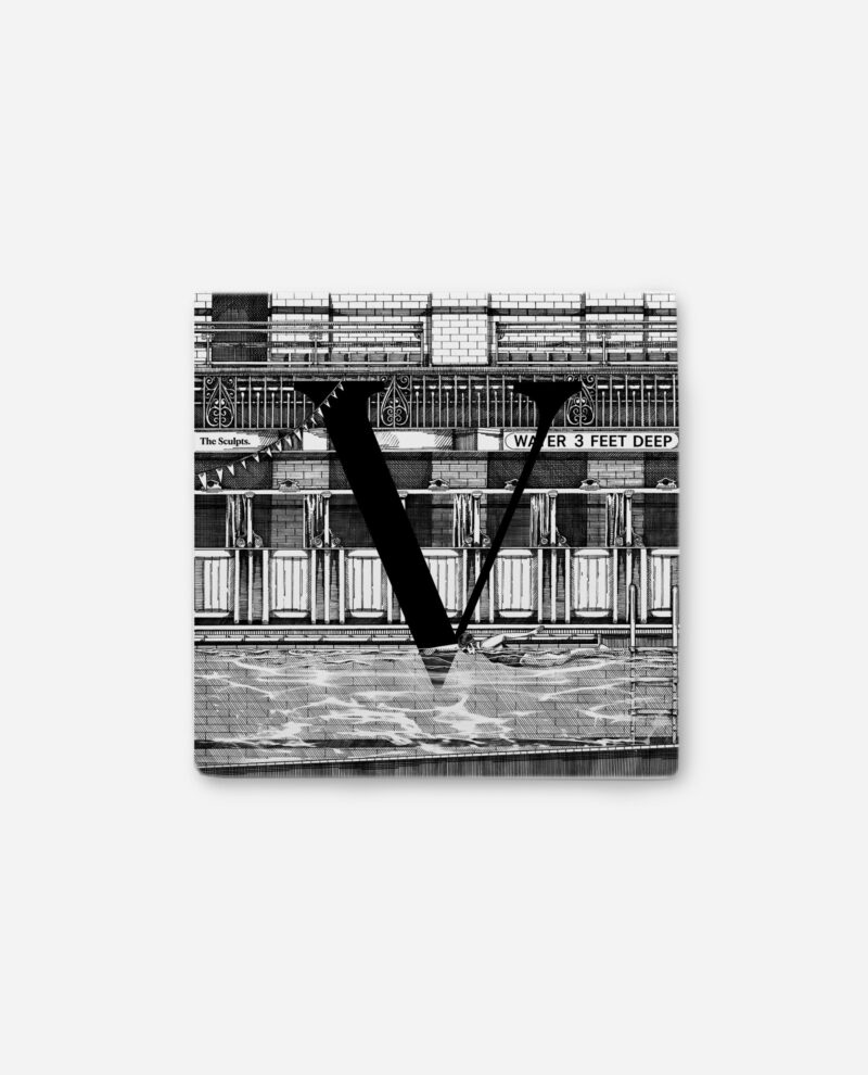Victoria Baths tile Letter V by The Sculpts, square ceramic showing bold black V overlaid on black and white Victorian architecture