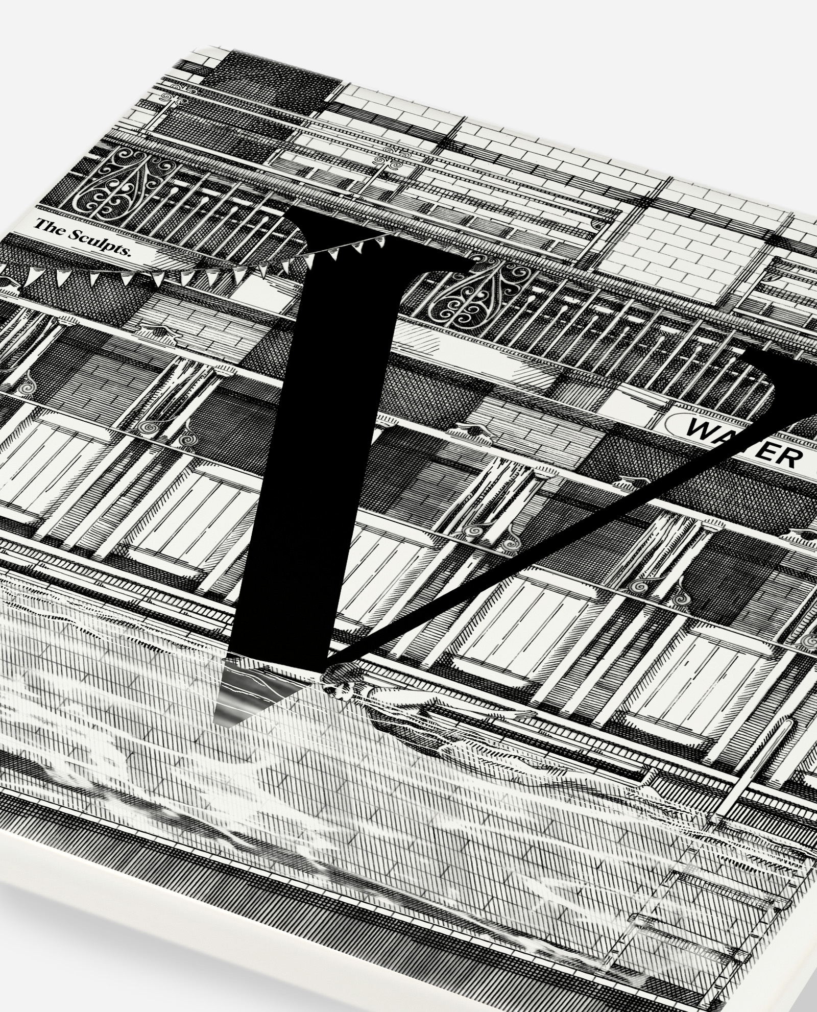 Victoria Baths V tile by The Sculpts at oblique side angle showing detailed engraving and letter V with ceramic depth visible