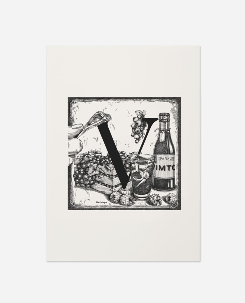 Manchester Letter V for Vimto Print in black and white showing ornate V with sparkling Vimto bottle, grapes, berries and vintage engraving detail