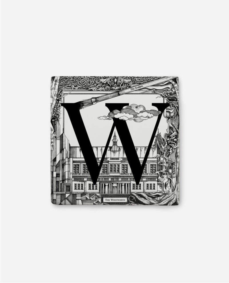 Square ceramic Whitworth tile with large black W letter over detailed gallery building illustration with ornate border and clouds