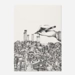 Manchester city illustration print with detailed pen and ink cityscape and artist's hand drawing skyscrapers from The Sculpts