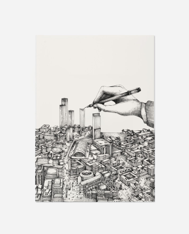 Manchester city illustration print with detailed pen and ink cityscape and artist's hand drawing skyscrapers from The Sculpts