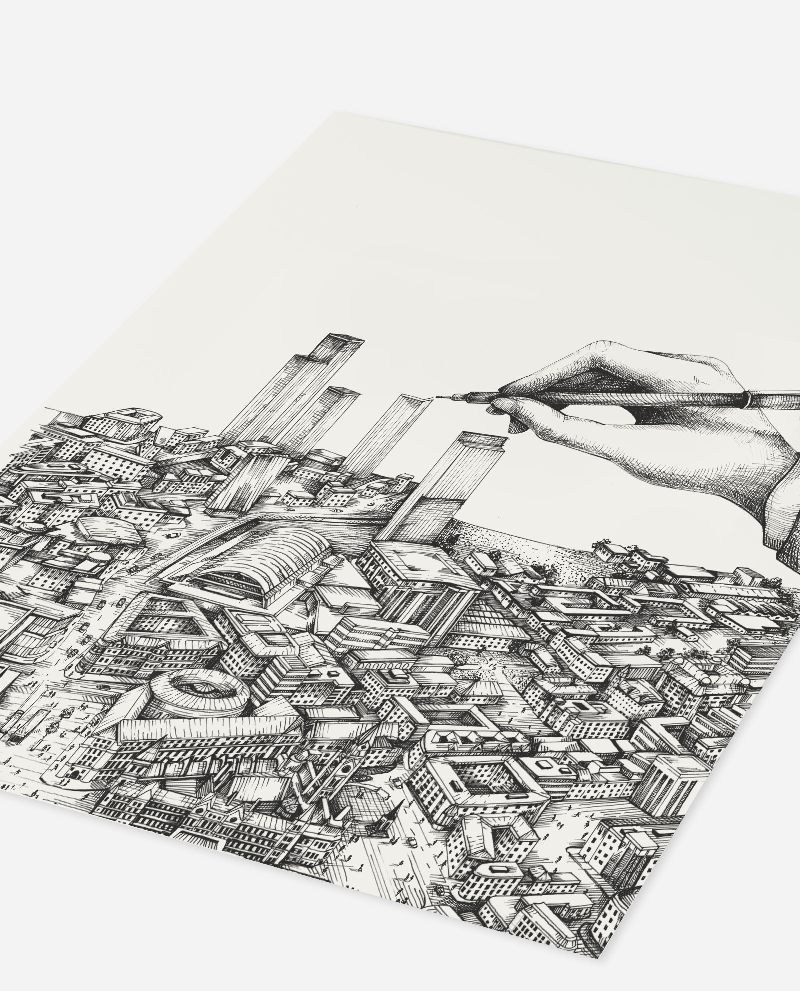 Angled view of Manchester city illustration print showing pen-drawn buildings and skyscrapers by The Sculpts