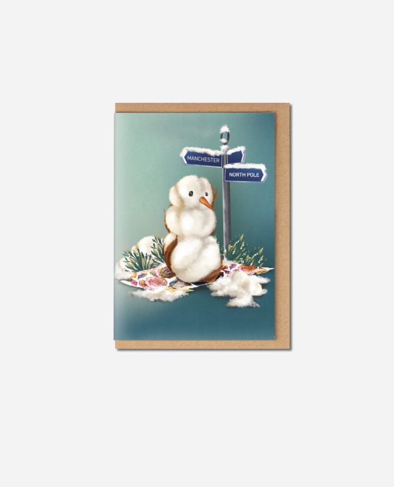 Cotton Snowman Christmas Card showing white fluffy snowman with orange carrot nose beside Manchester and North Pole signpost on teal background