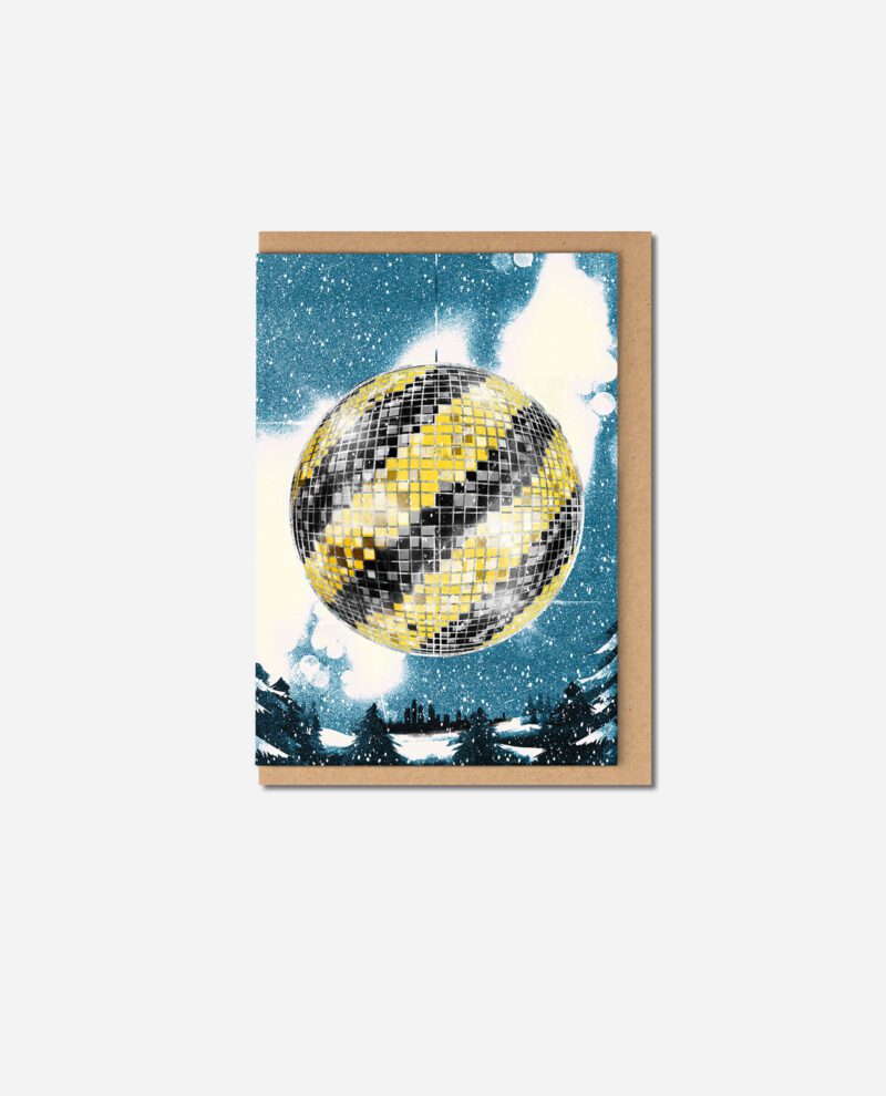 Haçienda Christmas Disco greeting card with black and yellow disco ball on snowy blue background with brown kraft envelope