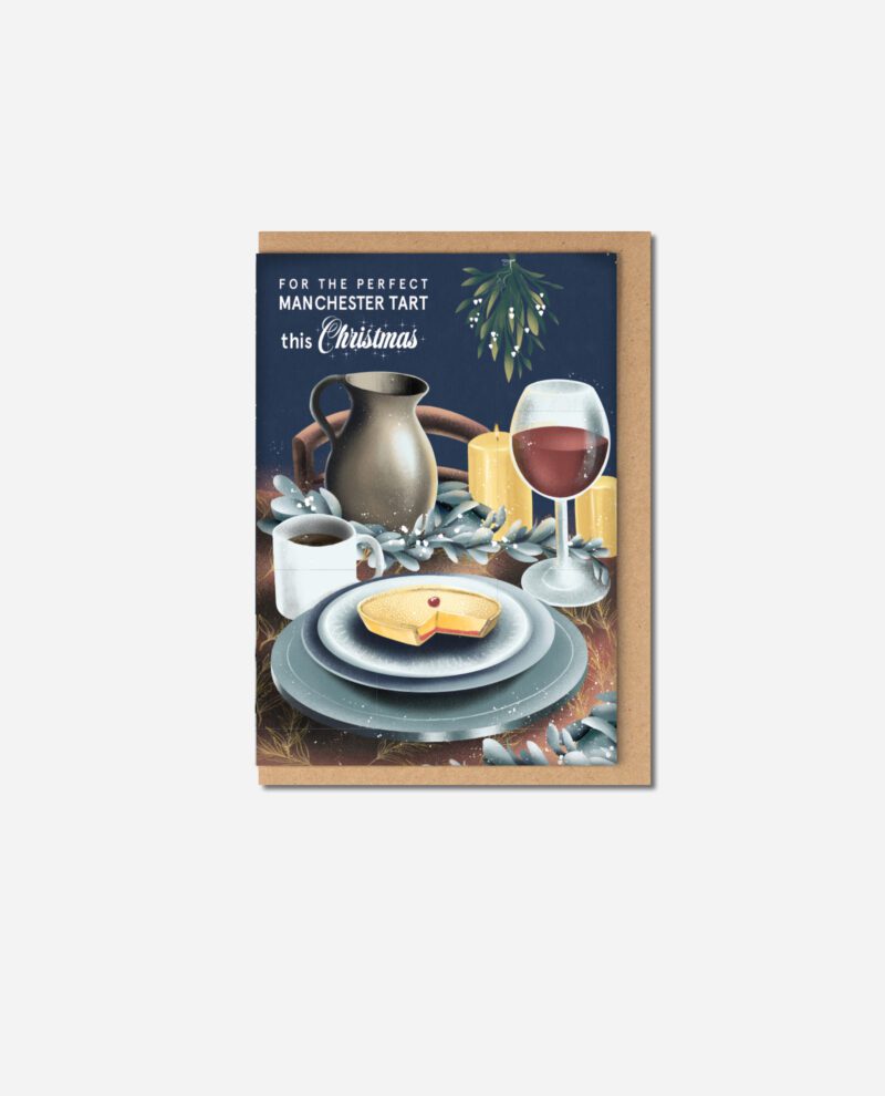 Manchester Tart Christmas greeting card by The Sculpts with navy background, festive table setting showing wine, coffee, candles and Manchester Tart slice
