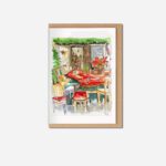Hand-illustrated card showing cockapoo resting on red tablecloth at Christmas dinner table with chairs, hanging greenery and bee artwork
