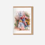 Cockapoo Christmas card with kraft envelope showing watercolour scene of dog on bicycle with Christmas tree in Manchester market setting
