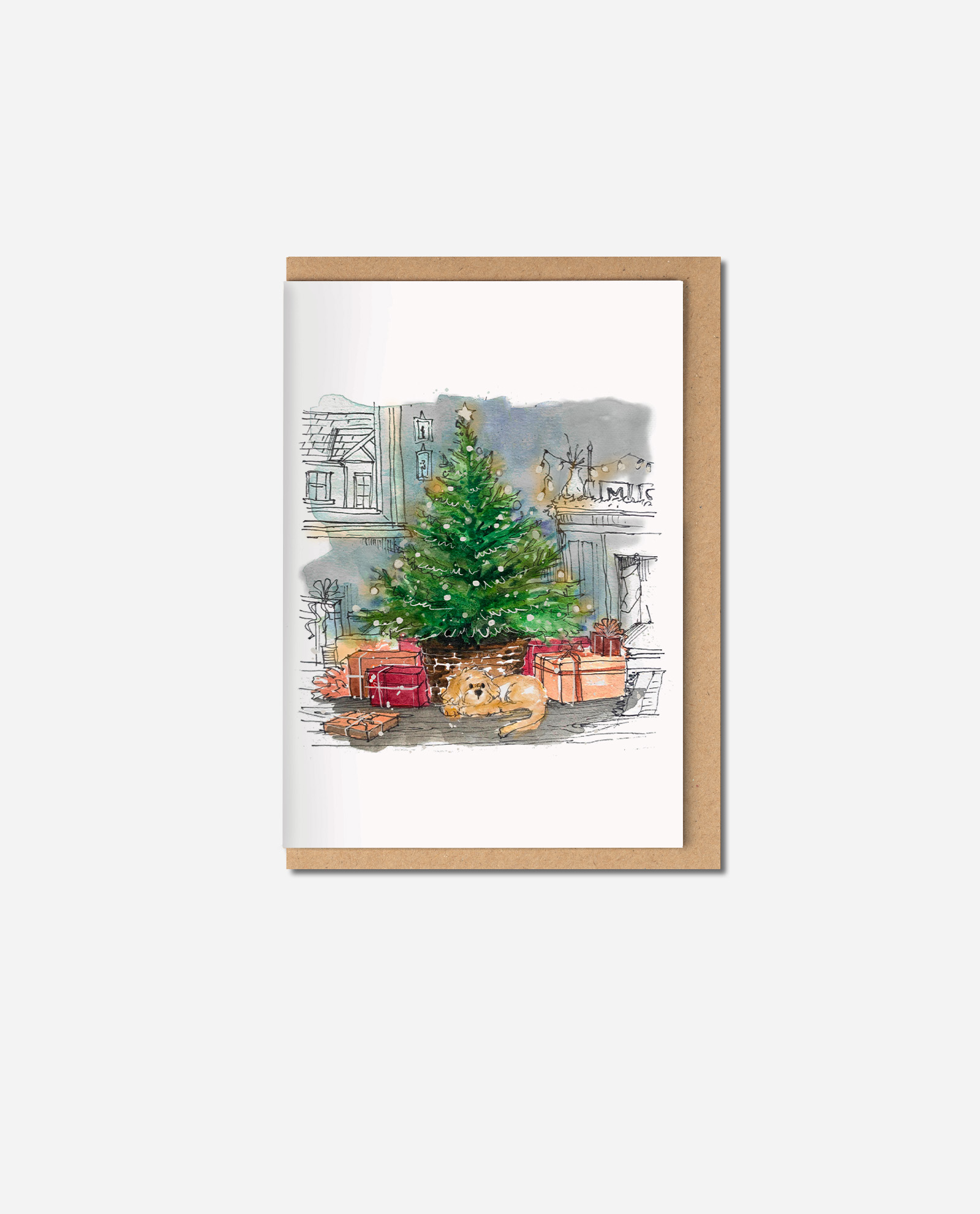 Cockapoo Christmas card showing hand-illustrated watercolour scene of cockapoo dog lying under decorated green Christmas tree with wrapped presents