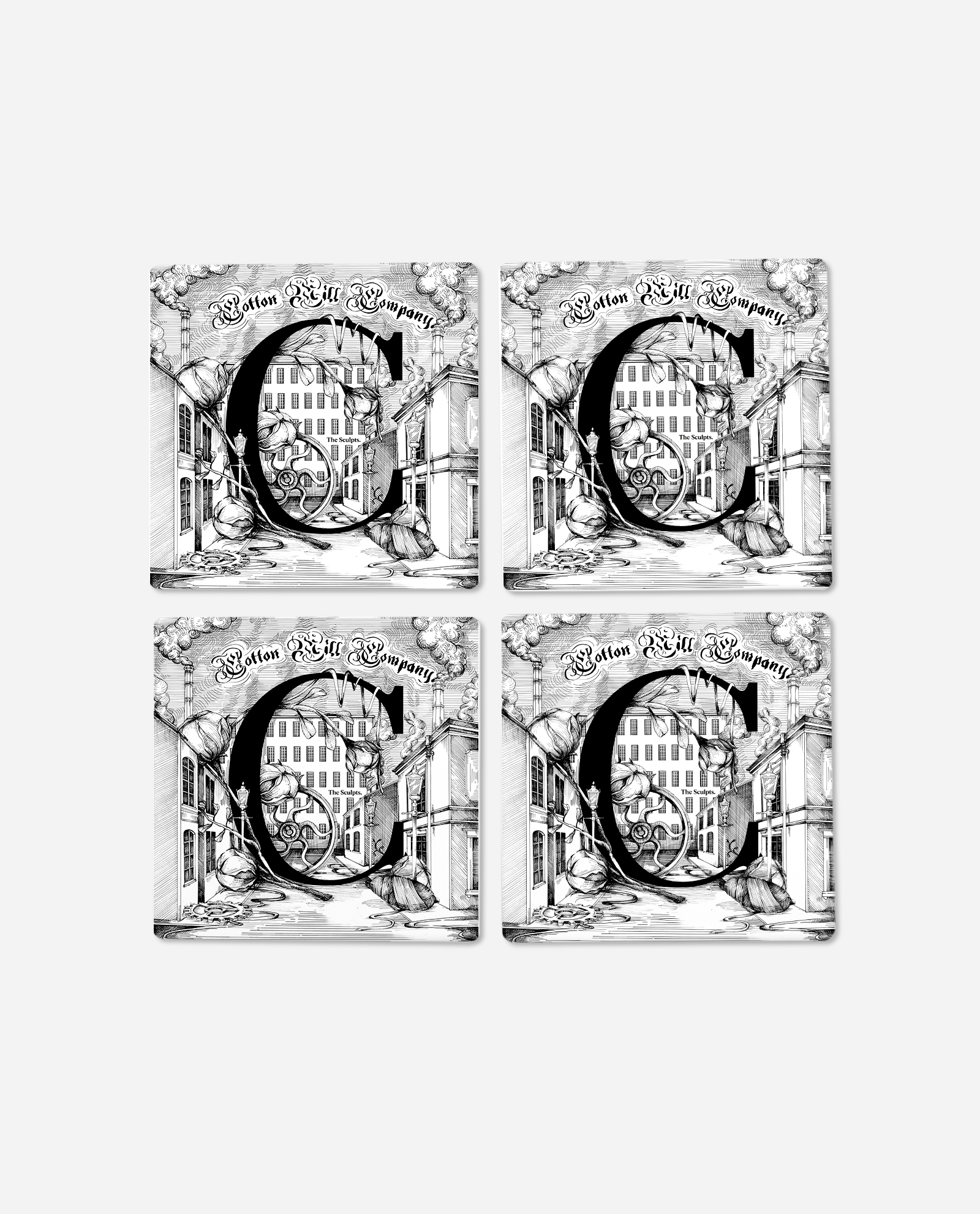 Set of four C for Cotton Manchester coasters by The Sculpts showing detailed black and white illustration of historic cotton mills