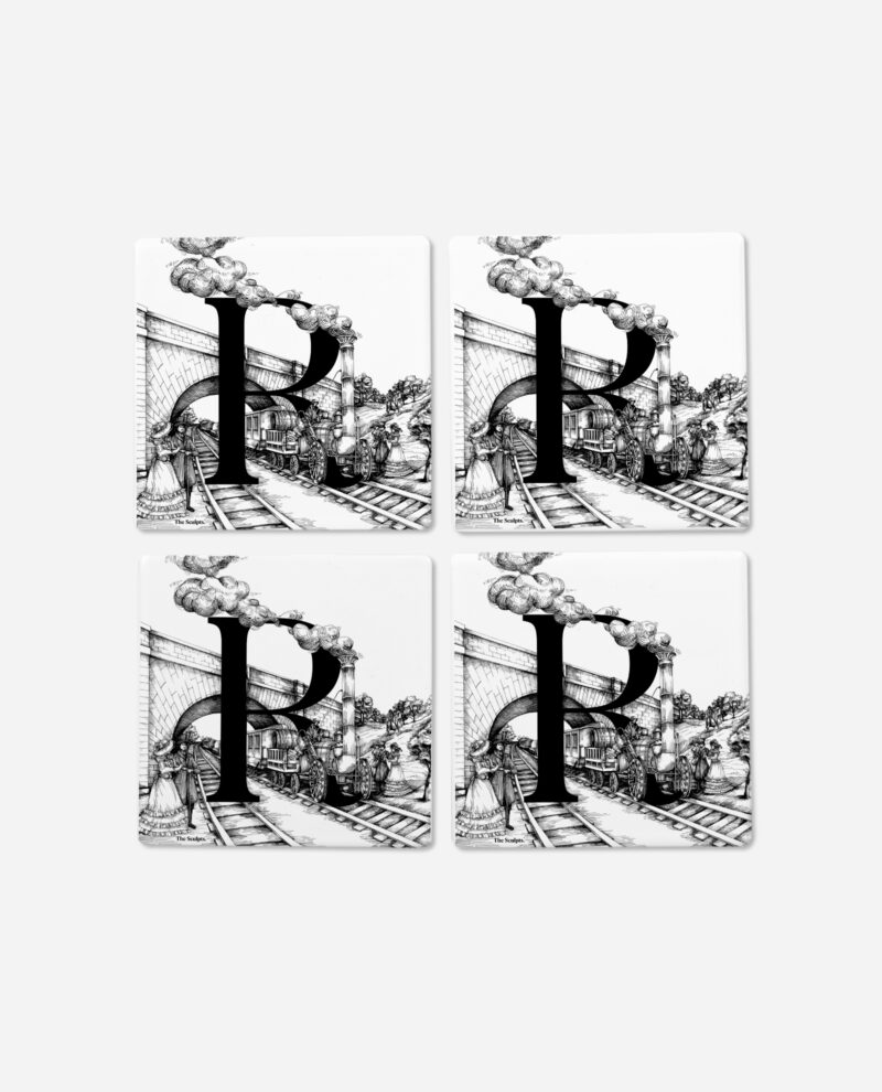 Manchester R for Rocket ceramic coaster set showing black letter R with vintage steam train scene by The Sculpts