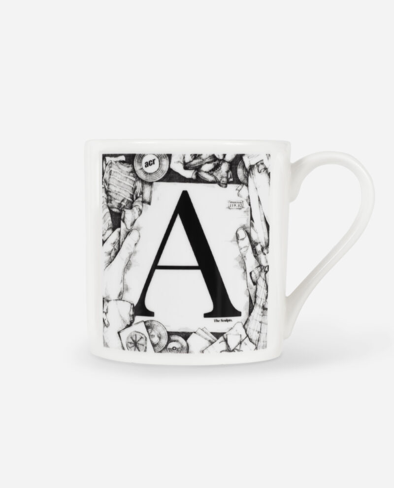 Manchester Affleck's Palace mug featuring bold black letter A with anatomical sketch border on white fine bone china by The Sculpts