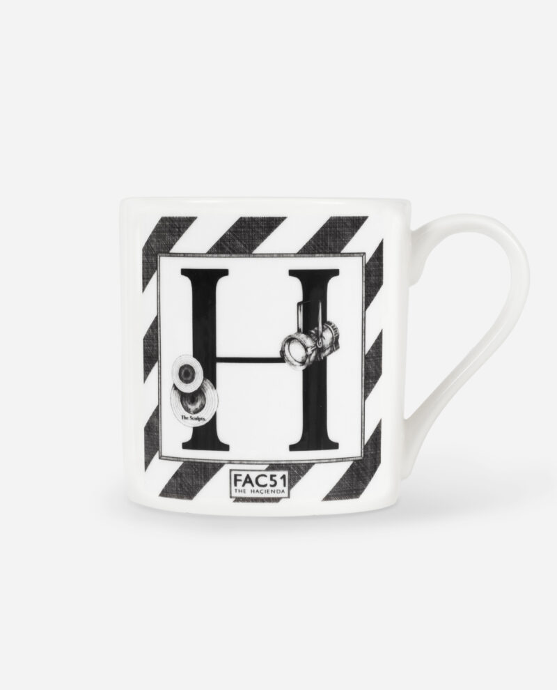 White bone china Hacienda mug showing large black letter H with FAC51 logo and diagonal stripes front view by The Sculpts