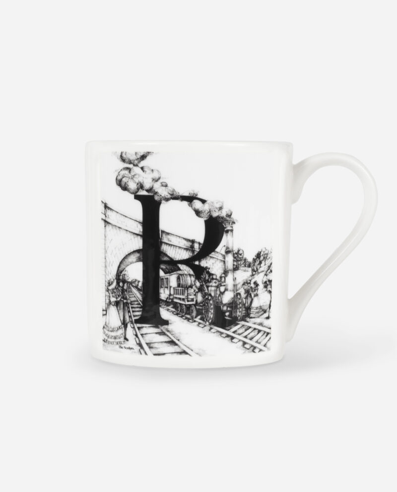 Manchester Letter R for Rocket Mug front view showing large letter R and Victorian steam train scene on white bone china