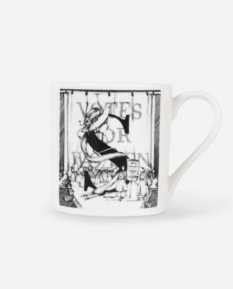 Front view of white suffragette mug featuring Votes for Women illustration with Emmeline Pankhurst from The Sculpts Manchester