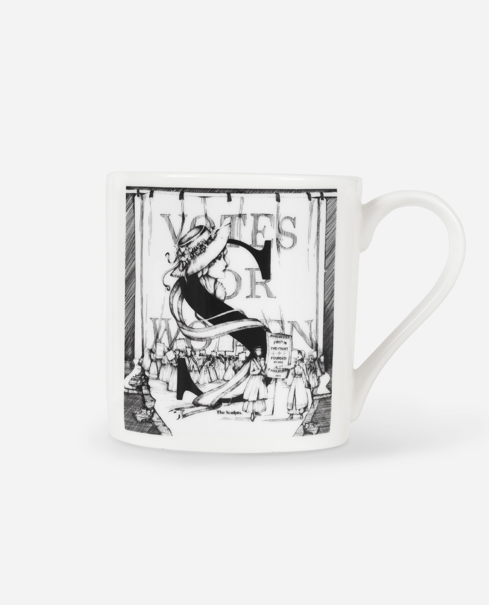 Front view of white suffragette mug featuring Votes for Women illustration with Emmeline Pankhurst from The Sculpts Manchester