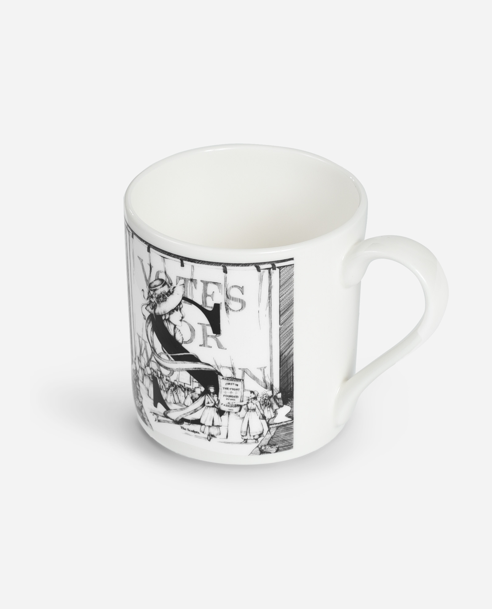 Angled view of white suffragette mug showing handle and Manchester Votes for Women design by The Sculpts