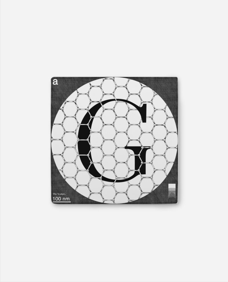 Manchester G tile for graphene with black letter and honeycomb hexagon pattern on white ceramic square