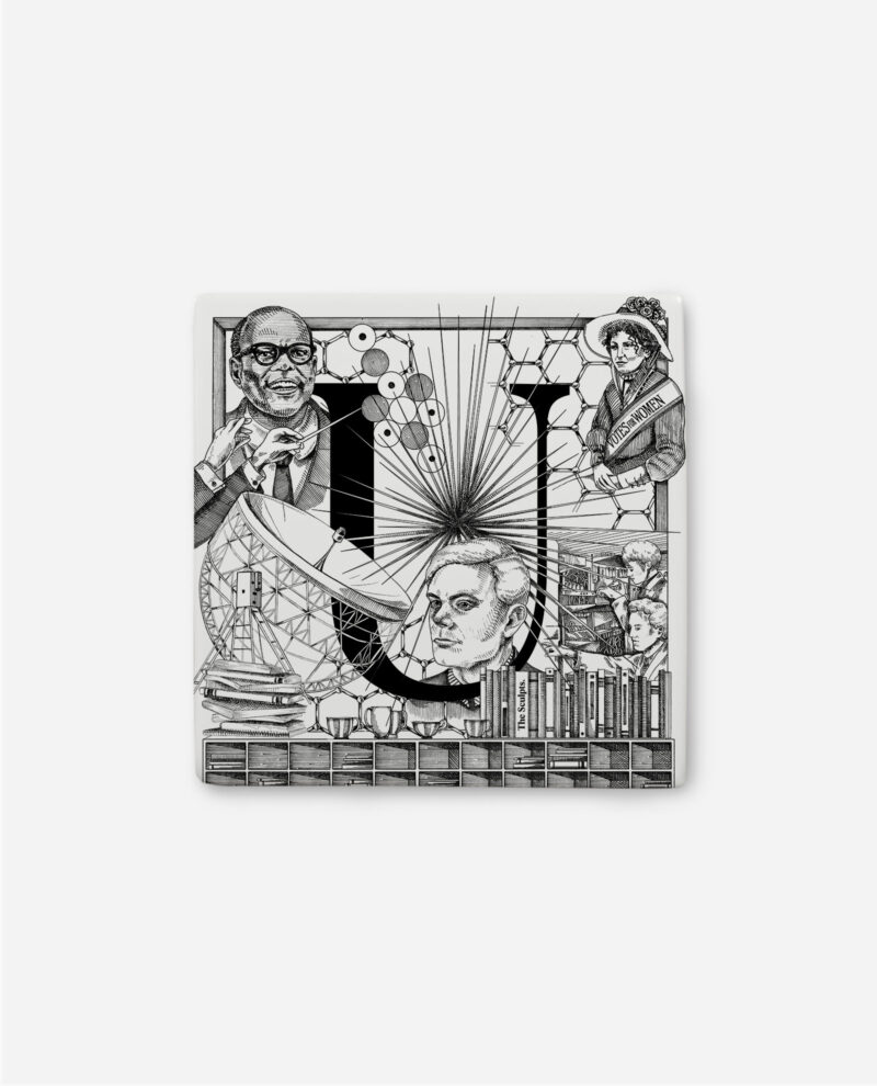 Letter U ceramic tile with intricate black ink illustrations including figures in academic dress, molecular structures, and Manchester architecture