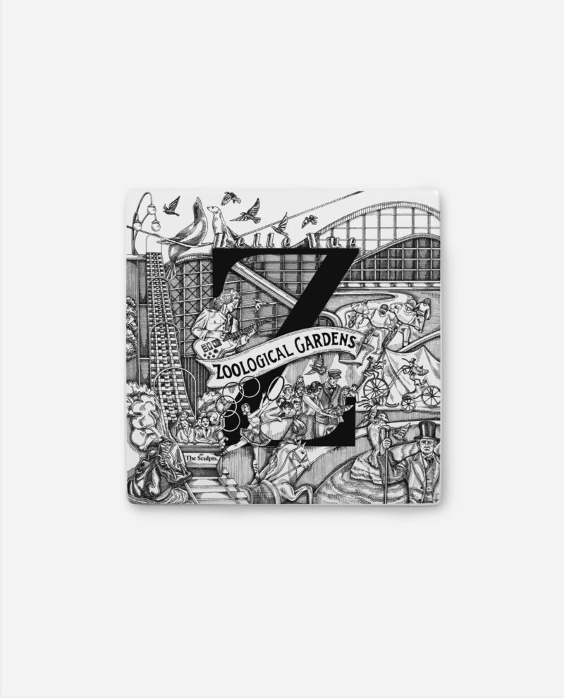Belle Vue Zoo tile letter Z front view showing intricate black and white design with roller coaster, birds, buildings and zoological gardens banner