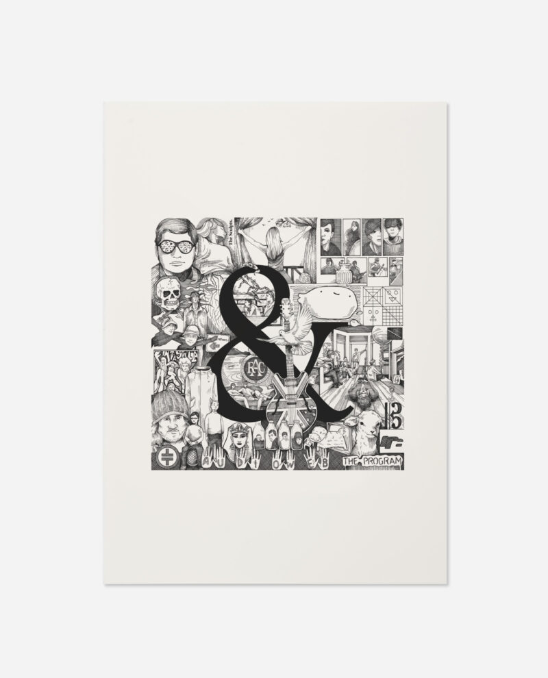 Manchester 90s bands print by The Sculpts showing black ampersand over collage of pen and ink illustrations on white paper