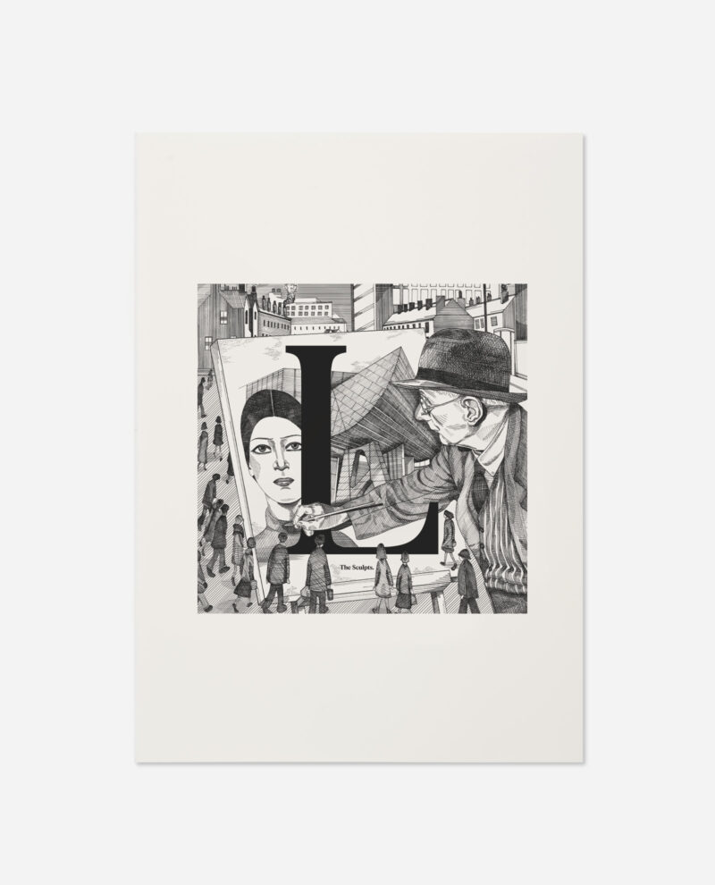 Manchester Letter L for Lowry Print featuring black letter L, illustrated faces and industrial architecture by The Sculpts
