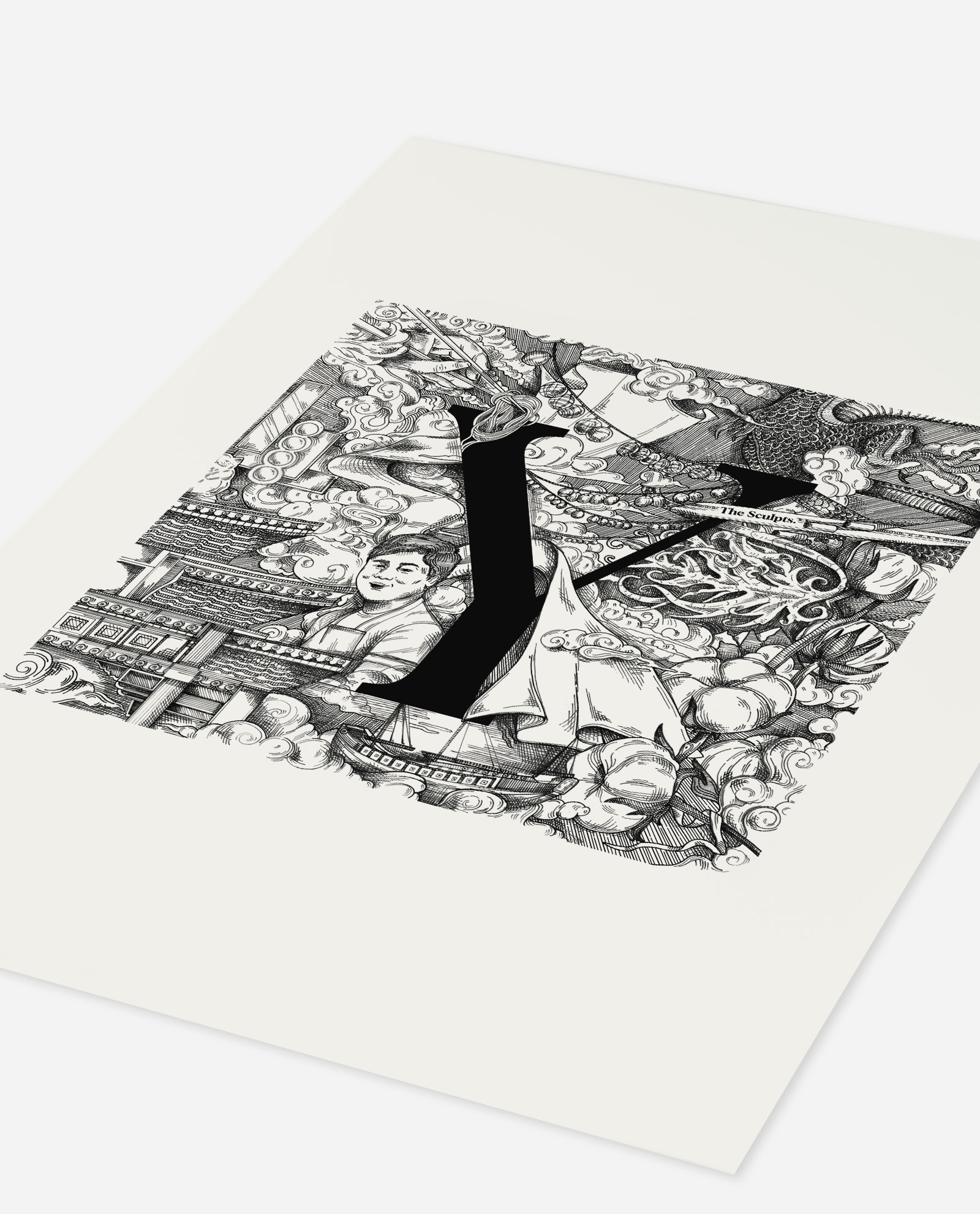 Manchester Yang Sing letter Y print shown at an angle on cream paper revealing texture and detail of black and white illustration with architectural elements