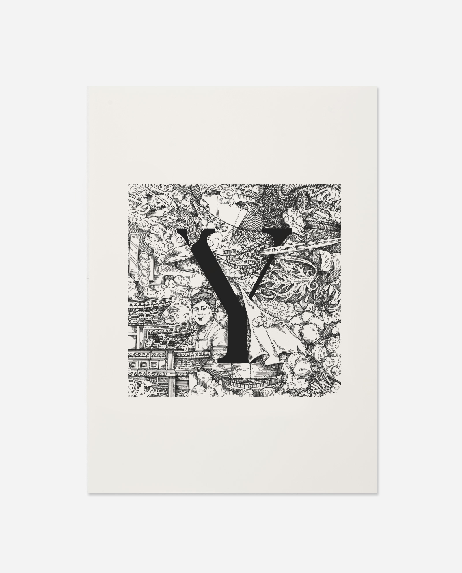Manchester Letter Y for Yang Sing print flat lay showing black letter Y overlaid on detailed Chinese-inspired illustration with pagoda, dragon and boat motifs on cream background