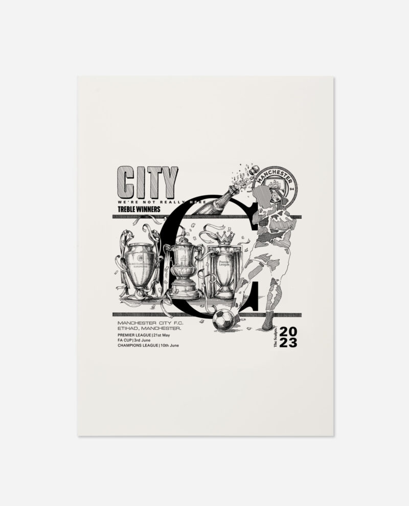 Manchester City treble print front view in monochrome design featuring three trophy illustrations and 2023 text