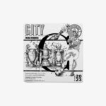 Manchester City Treble Tile flat lay showing FA Cup, Premier League and Champions League trophies with champagne bottle
